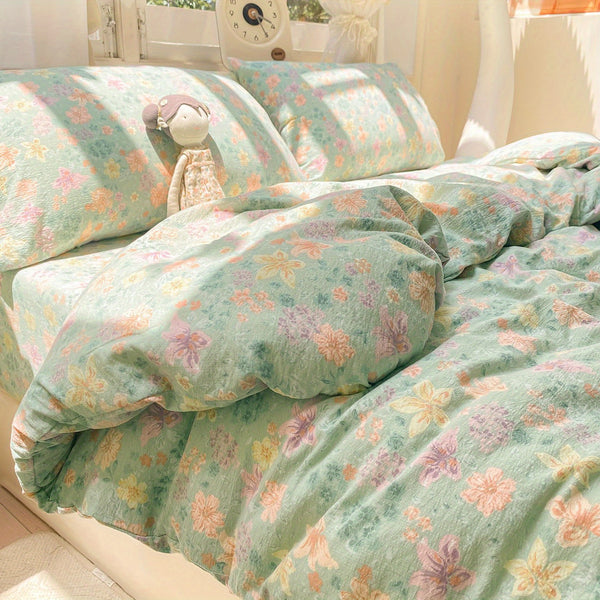 Green Floral Country Style Bedding Set 3\u002F4pcs (1 Duvet Cover + 1 Fitted Sheet + 2 Pillowcases) Synthetic Fabric