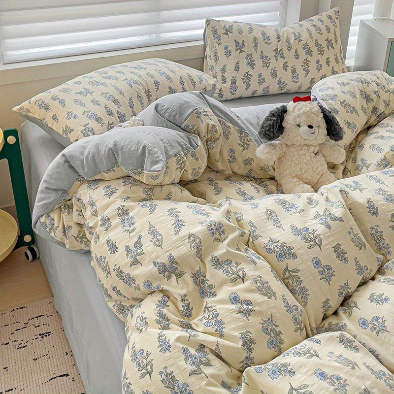 New for Spring Vintage Blue Floral Pattern 4pcss Bedding Set 4pcss Sheet Set Includes 1 Flat Sheet