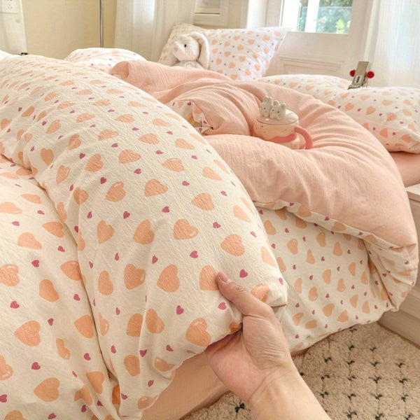 Orange Large Love Pattern Modern Style Bedding Set 4pcs (1 Duvet Cover + 1 Fitted Sheet + 2 Pillowcases)