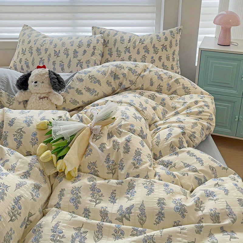 New for Spring Vintage Blue Floral Pattern 4pcss Bedding Set 4pcss Sheet Set Includes 1 Flat Sheet