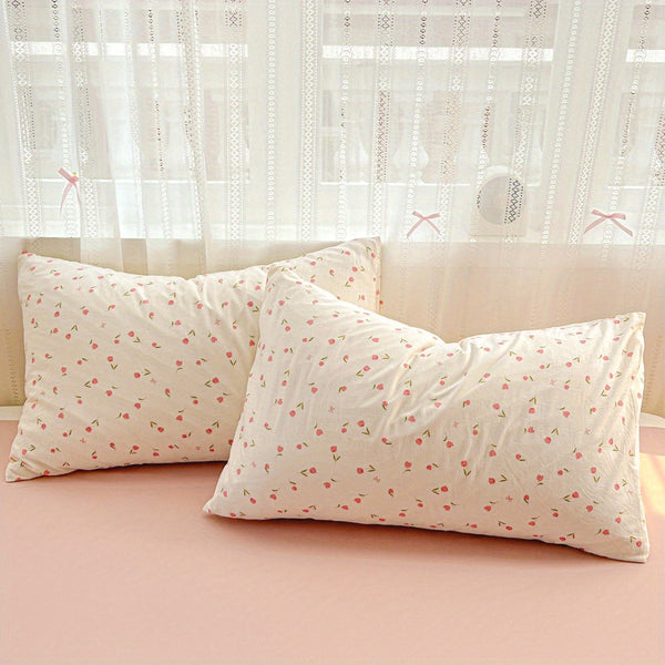 Summer Simple Small Floral Pink Tulip Pattern Sweet Style Bedding Set