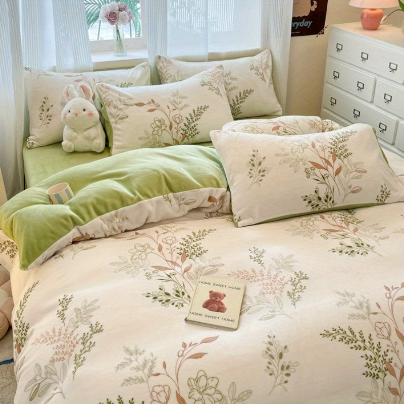 New Autumn-Winter Collection: Soft and Comfortable 4pcs Bedding Set with Plant Patter