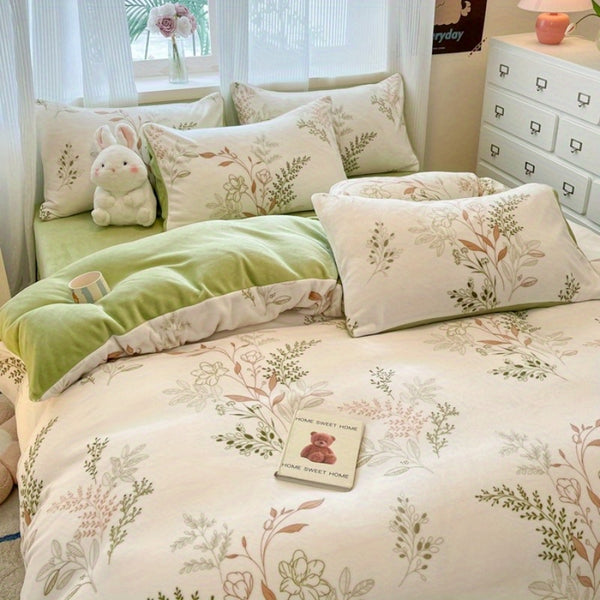 New Autumn-Winter Collection: Soft and Comfortable 4pcs Bedding Set with Plant Patter