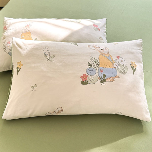 4pcs Bed Sheet Set Red and White Floral + Cute Rabbit Pattern, Fresh & Lovely Style