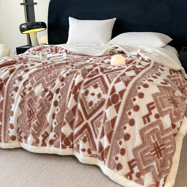 1pc Bohemian Style Blanket, Three-Color Ionized Jacquard Double-Layer Fleece Throw, Air Conditioning Blanket