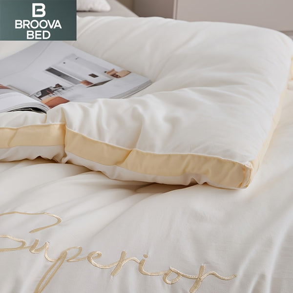 Soft Comforter 1pc Soft Fiber Quilt Core, Light Beige Embroidered Cloud Four Seasons Comforter