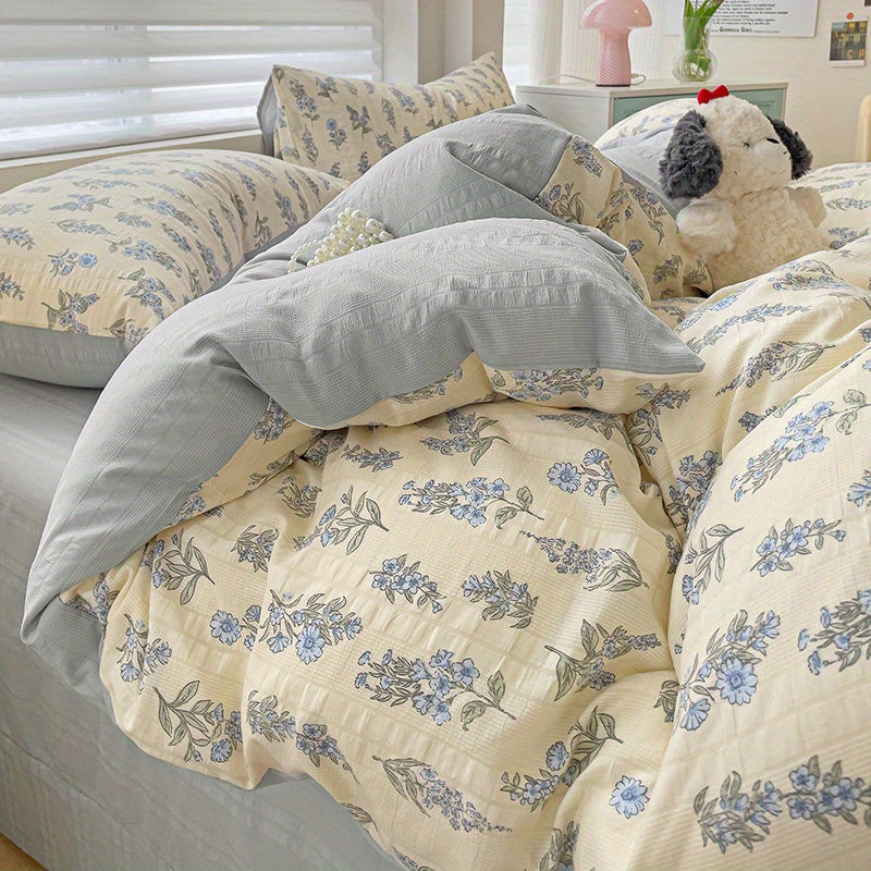 New for Spring Vintage Blue Floral Pattern 4pcss Bedding Set 4pcss Sheet Set Includes 1 Flat Sheet