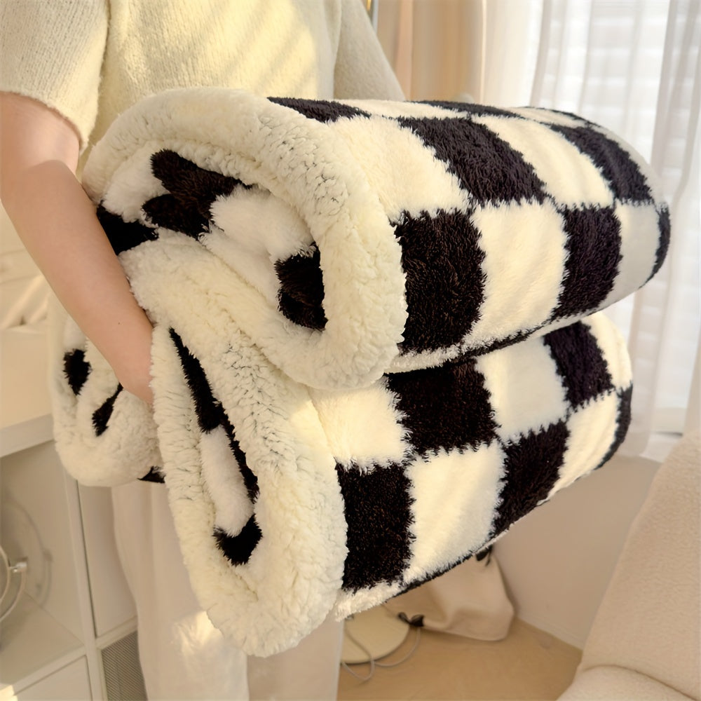 1pc Charming Checkered Plush Fleece Blanket, 400-450g Polyester, All-Season, Knitted