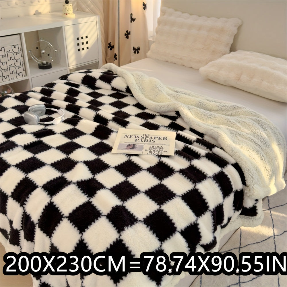 1pc Charming Checkered Plush Fleece Blanket, 400-450g Polyester, All-Season, Knitted