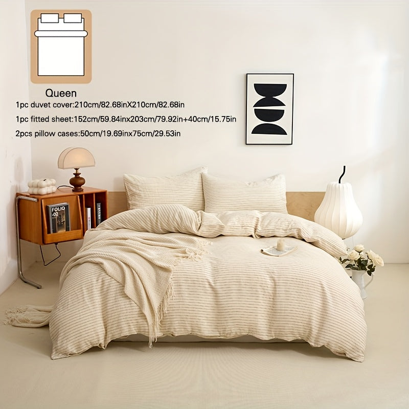 4pcs 100% French Linen Double Bedding Set, 4pcs Set Includes 1 Duvet Cover, 1 Fitted Sheet