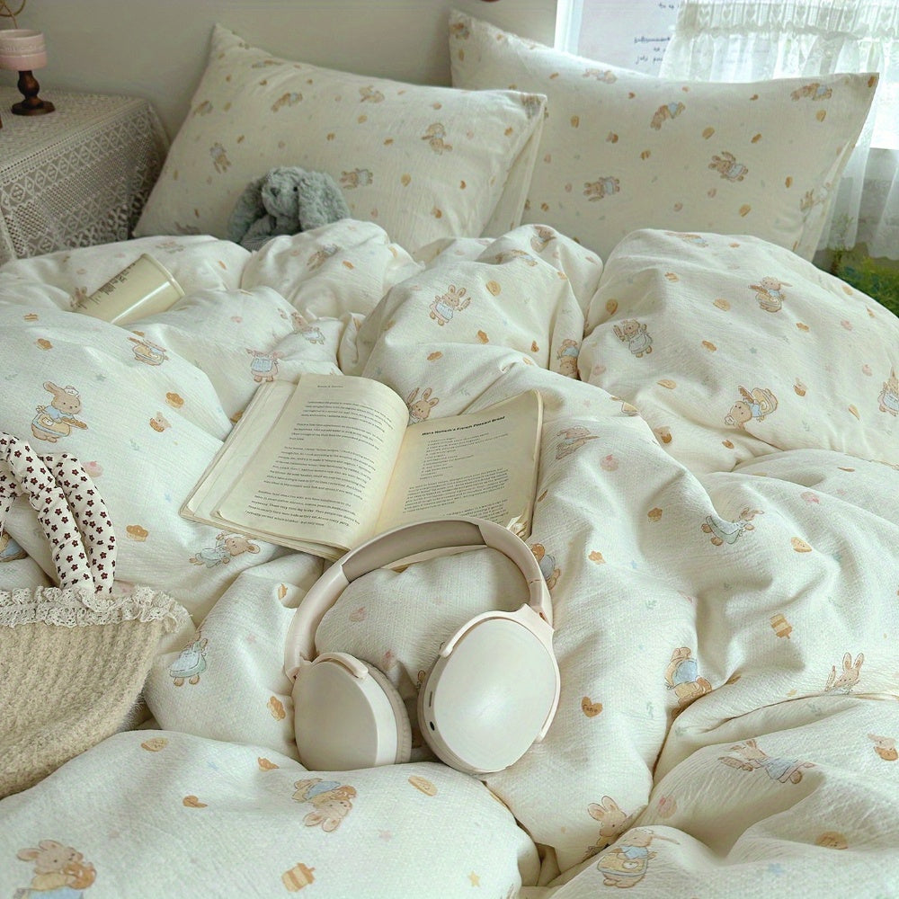 4pcs Jacquard Craft Bedding Set with Cute Rabbit + Dessert Pattern, Soft and Machine Washable
