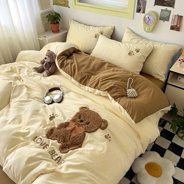 Adorable Teddy Bear Towel Ultra-Soft And Cozy Bedding Set, Including 1 Duvet Cover