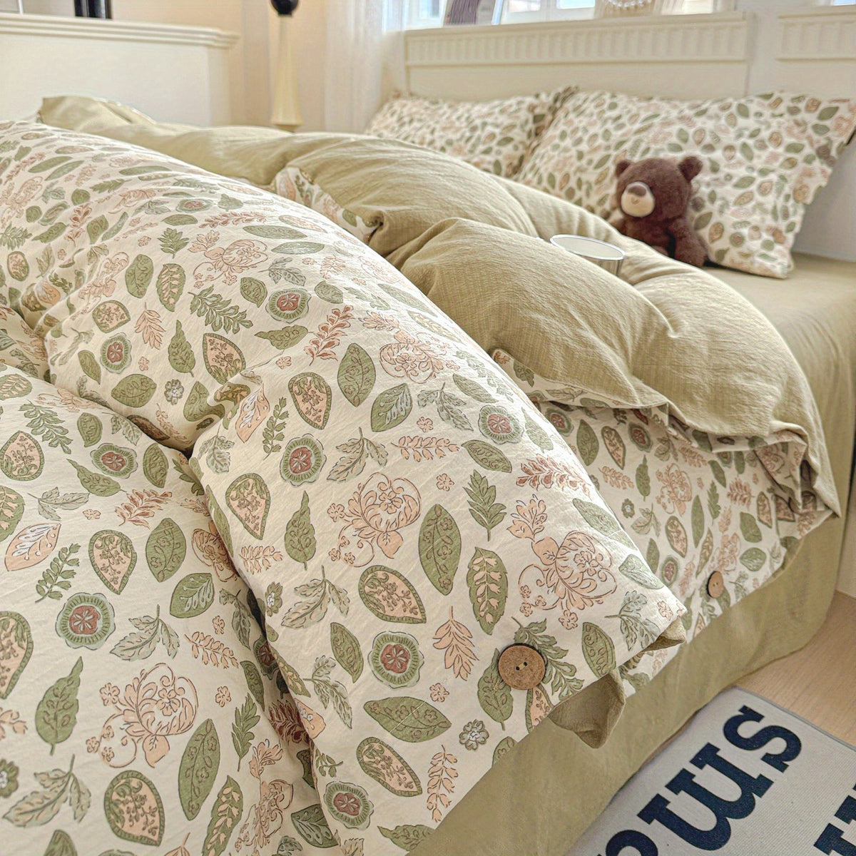 Fresh Dark Green and Light Brown Leaf Vine Pattern, Fresh Pastoral Style with Button Embellishments