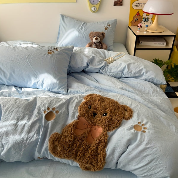 Adorable Teddy Bear Towel Ultra-Soft And Cozy Bedding Set, Including 1 Duvet Cover