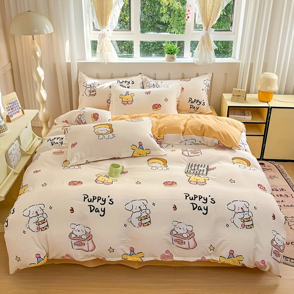 4pcs, Cartoon Four-Piece Set Duvet Cover*1+Fitted Sheet*1+Pillowcases*2, Soft and Delicate