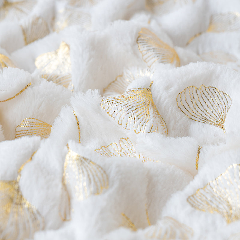 1pc Contemporary Floral Faux Rabbit Fur Blanket - Double-Layer Thickened All-Season Soft Bedspread with Ginkgo Leaf Pattern
