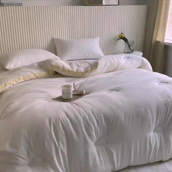 Soft Comforter 1pc Soft Fiber Quilt Core, Light Beige Embroidered Cloud Four Seasons Comforter