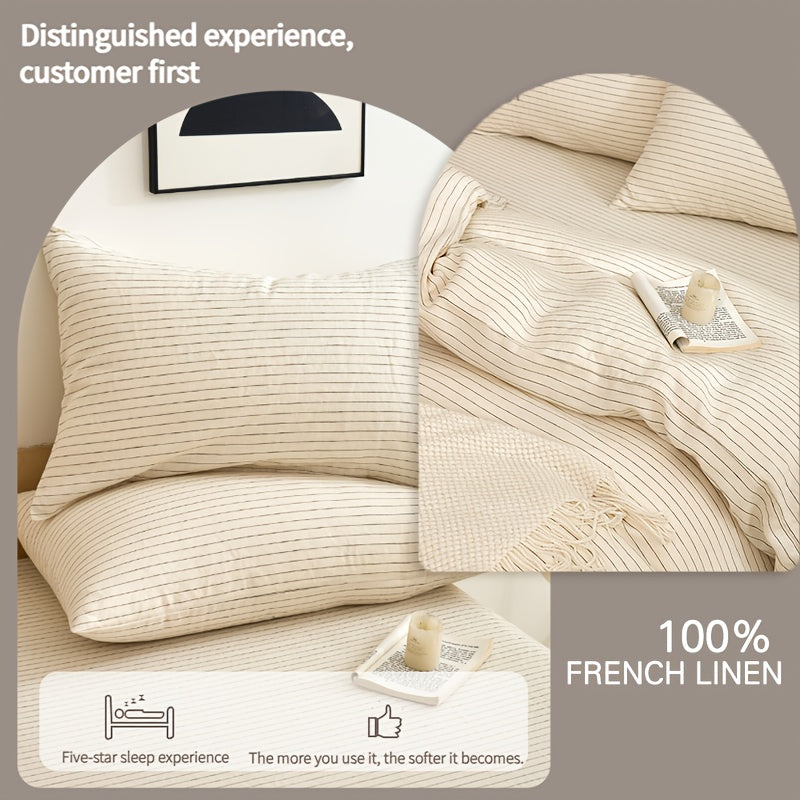 4pcs 100% French Linen Double Bedding Set, 4pcs Set Includes 1 Duvet Cover, 1 Fitted Sheet