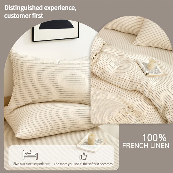 4pcs 100% French Linen Double Bedding Set, 4pcs Set Includes 1 Duvet Cover, 1 Fitted Sheet