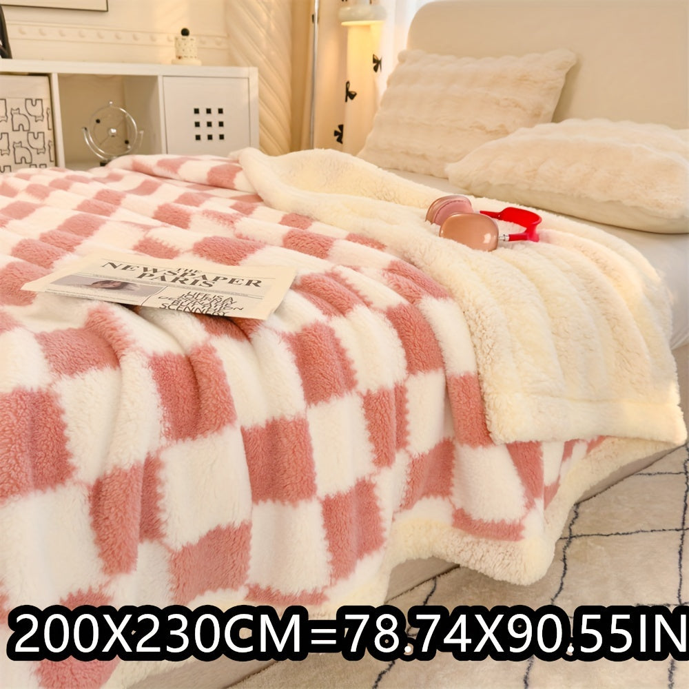 1pc Charming Checkered Plush Fleece Blanket, 400-450g Polyester, All-Season, Knitted