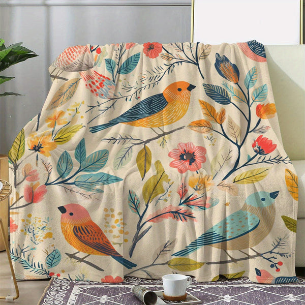 A Blanket Featuring a Vintage Floral And Bird Print, Warm, Cozy, And Soft, Suitable for Sofas, Beds, Cars