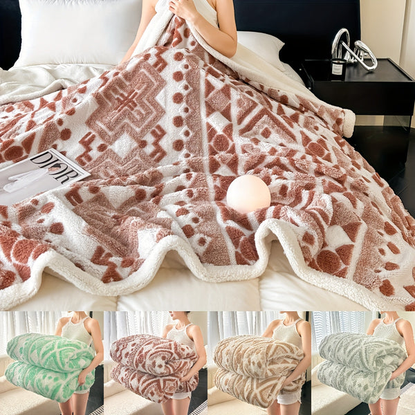 1pc Bohemian Style Blanket, Three-Color Ionized Jacquard Double-Layer Fleece Throw, Air Conditioning Blanket