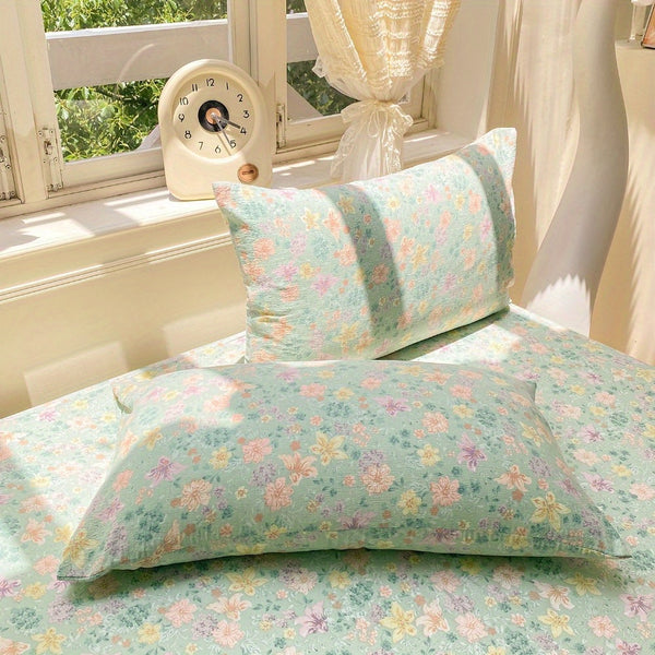 Green Floral Country Style Bedding Set 3\u002F4pcs (1 Duvet Cover + 1 Fitted Sheet + 2 Pillowcases) Synthetic Fabric