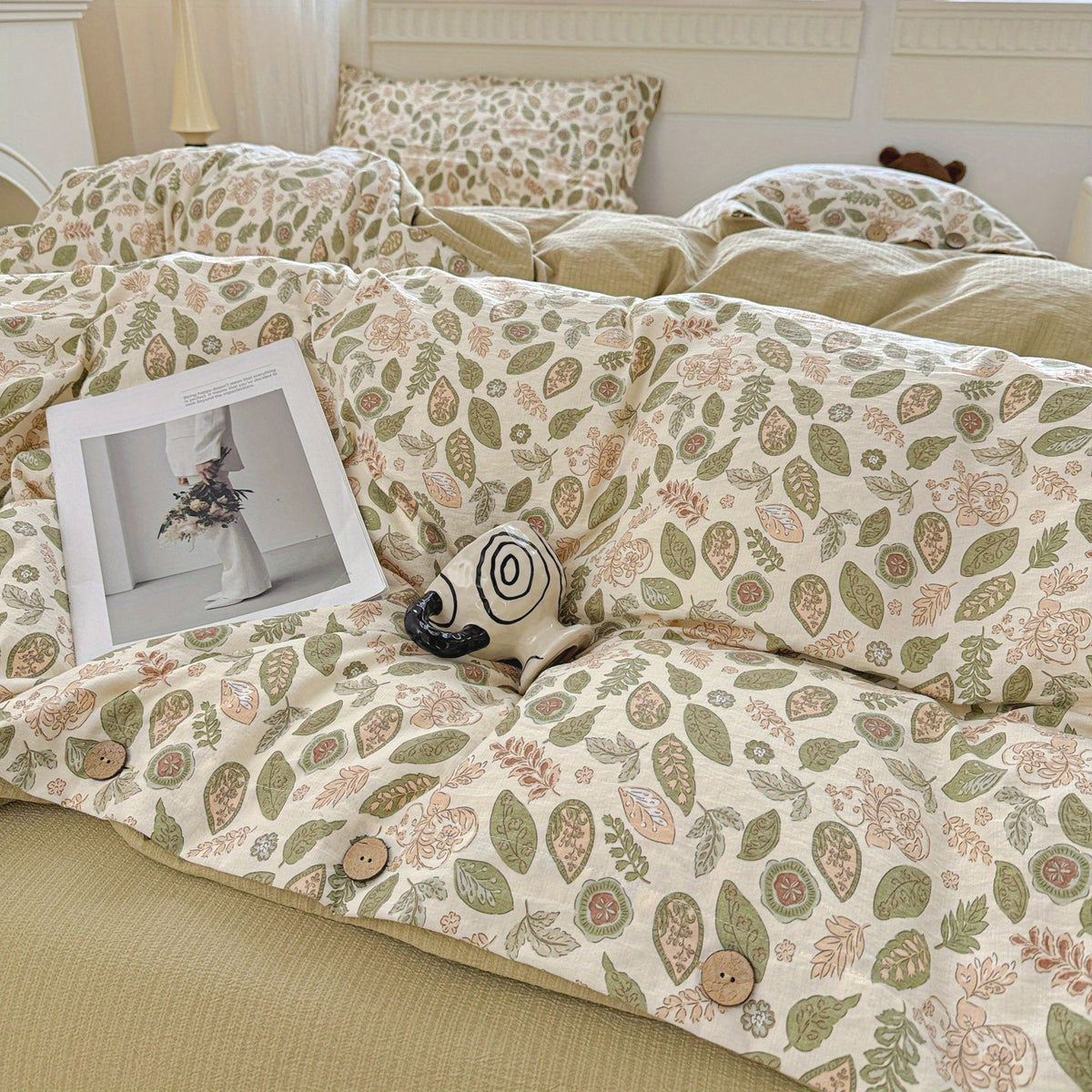 Fresh Dark Green and Light Brown Leaf Vine Pattern, Fresh Pastoral Style with Button Embellishments