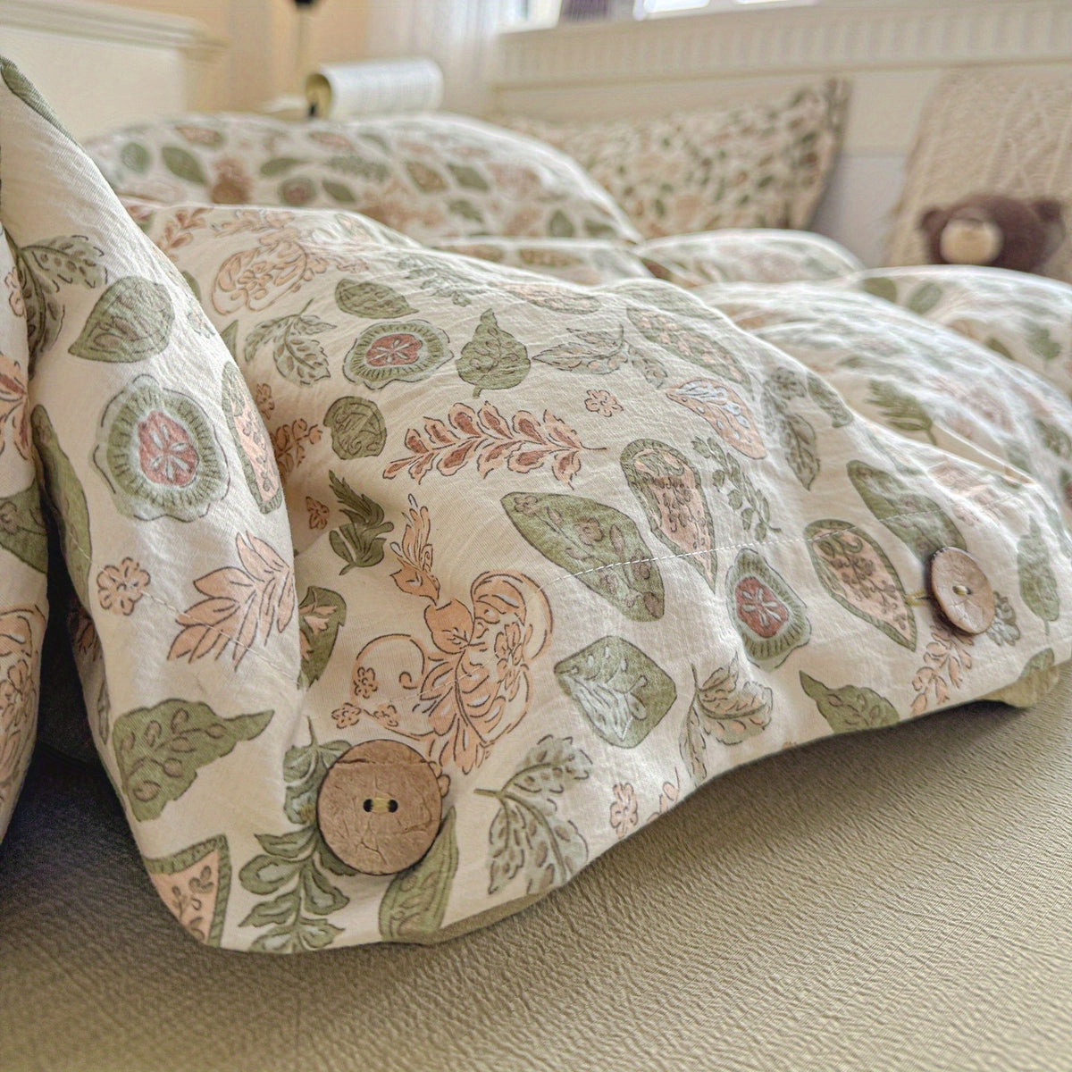 Fresh Dark Green and Light Brown Leaf Vine Pattern, Fresh Pastoral Style with Button Embellishments