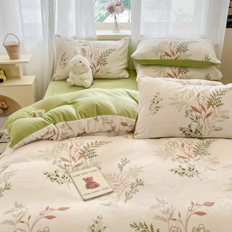 New Autumn-Winter Collection: Soft and Comfortable 4pcs Bedding Set with Plant Patter
