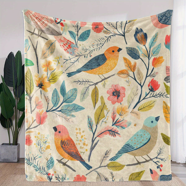 A Blanket Featuring a Vintage Floral And Bird Print, Warm, Cozy, And Soft, Suitable for Sofas, Beds, Cars