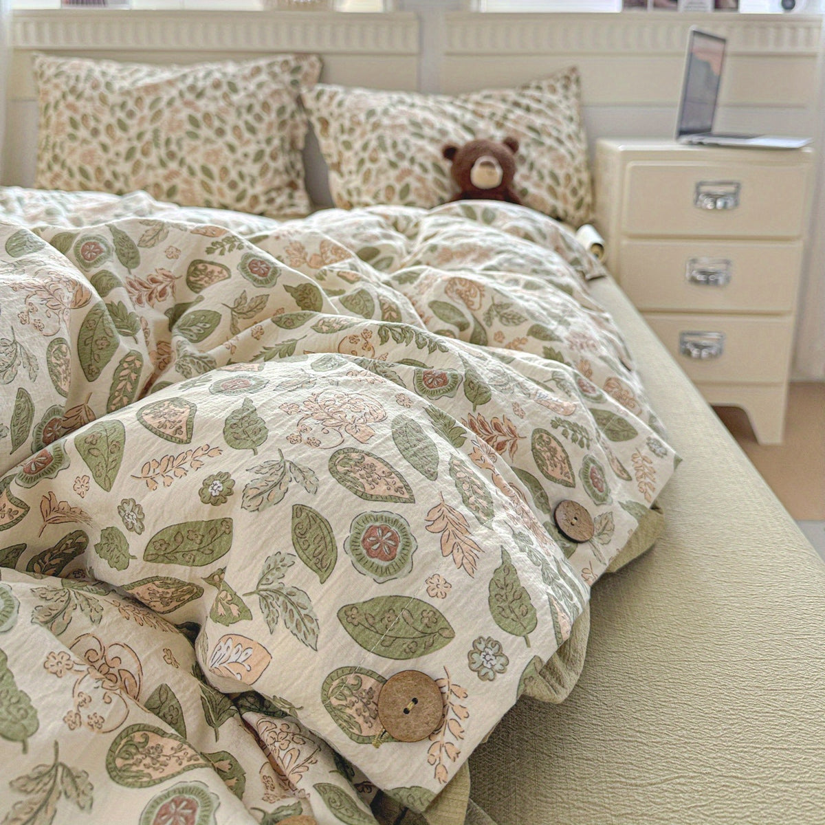 Fresh Dark Green and Light Brown Leaf Vine Pattern, Fresh Pastoral Style with Button Embellishments