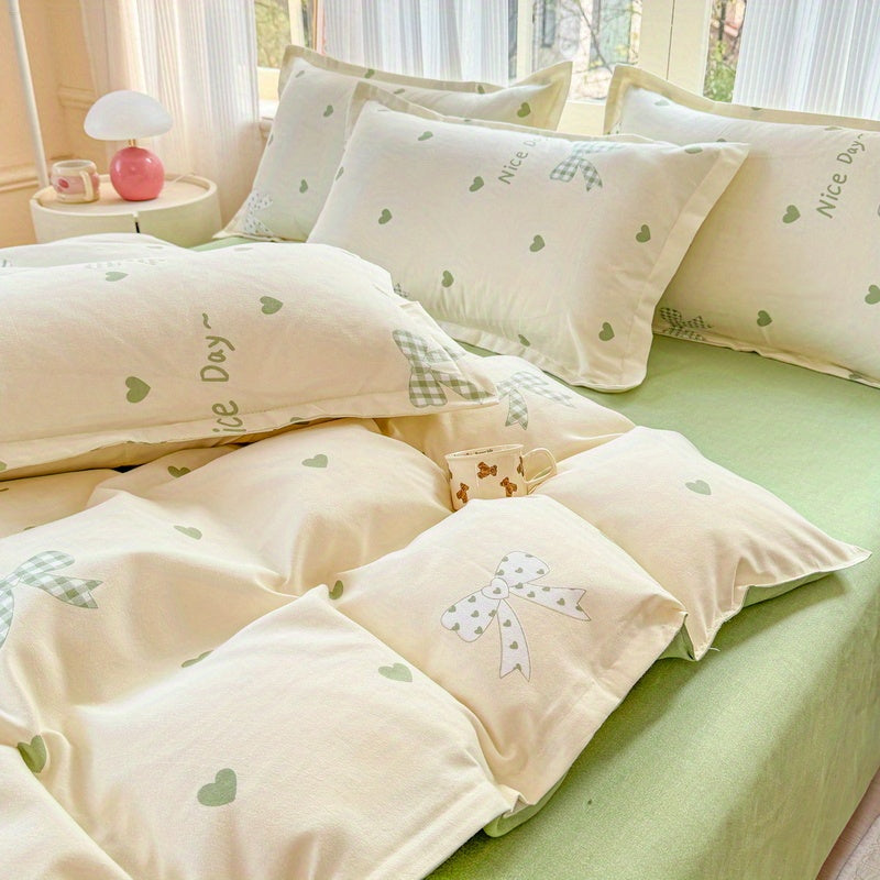 Green Love + Bow Modern Style Bedding Set (1 Duvet Cover + 1 Fitted Sheet + 2 Pillowcases)