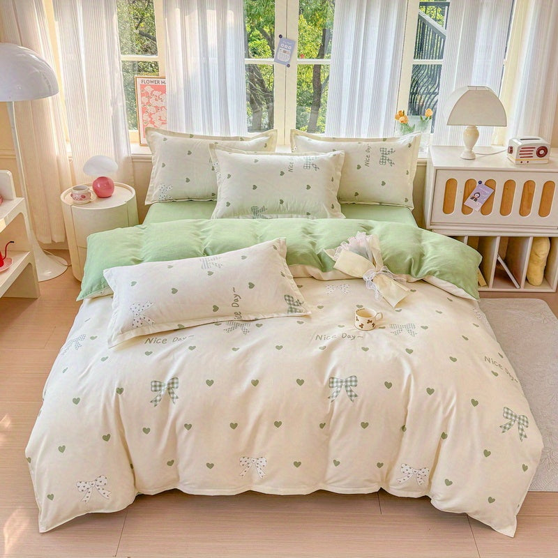 Green Love + Bow Modern Style Bedding Set (1 Duvet Cover + 1 Fitted Sheet + 2 Pillowcases)