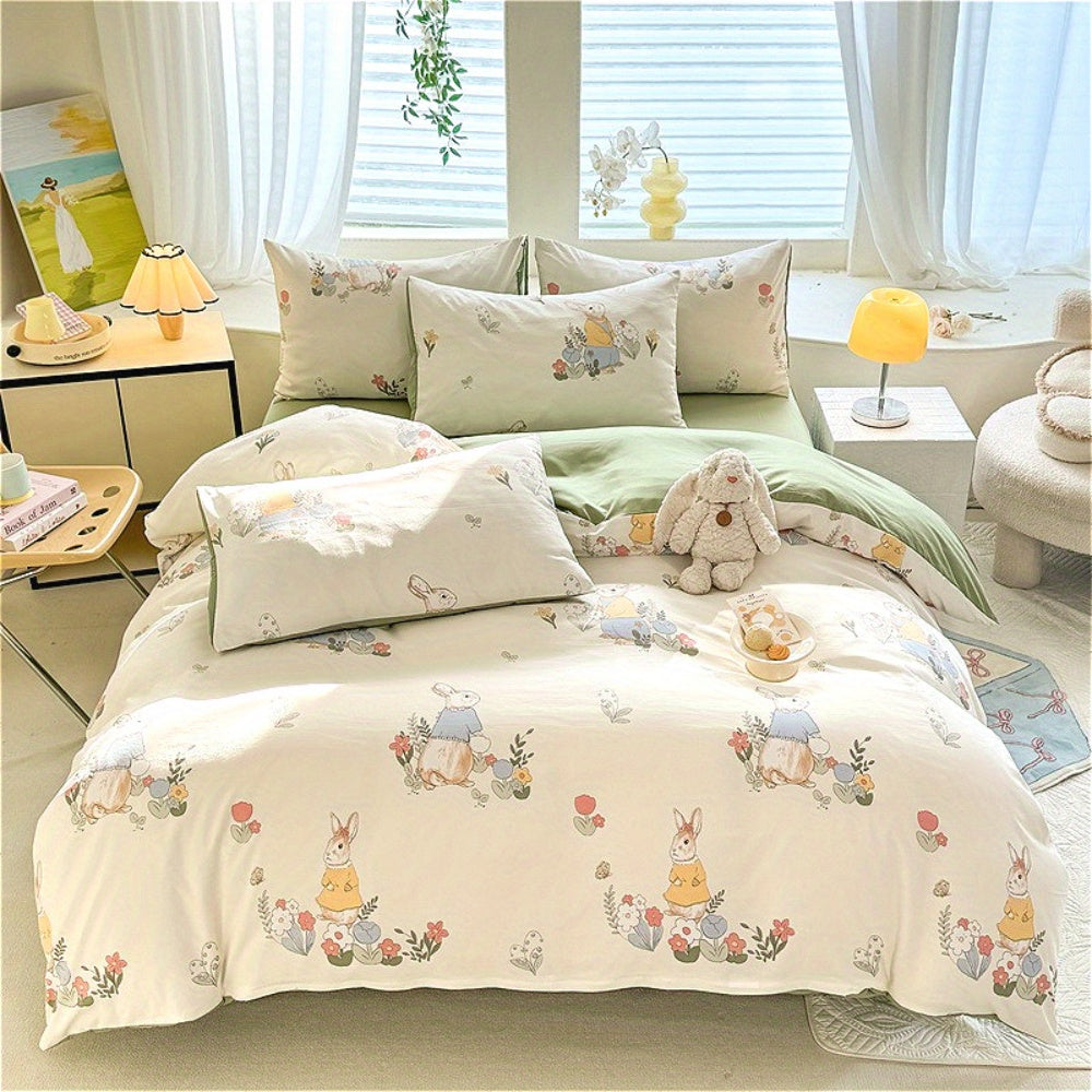 4pcs Bed Sheet Set Red and White Floral + Cute Rabbit Pattern, Fresh & Lovely Style