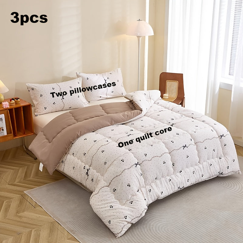 3pcs Black Cherry Floral Print Quilted Bedding Set - Ultra-Soft Polyester