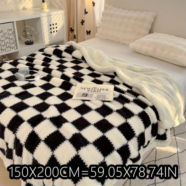 1pc Charming Checkered Plush Fleece Blanket, 400-450g Polyester, All-Season, Knitted