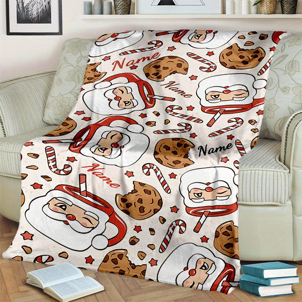 1pc Cozy Personalized Santa Claus Polyester Blanket - Custom Name, All Seasons, Chunky Knit Weave