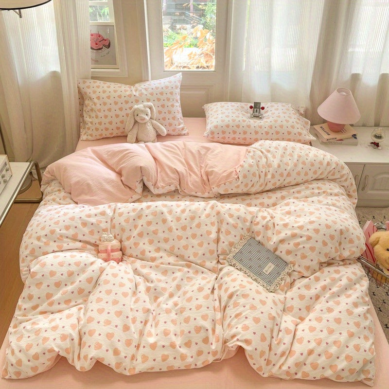 Orange Large Love Pattern Modern Style Bedding Set 4pcs (1 Duvet Cover + 1 Fitted Sheet + 2 Pillowcases)