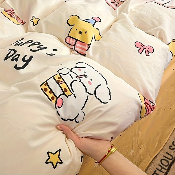 4pcs, Cartoon Four-Piece Set Duvet Cover*1+Fitted Sheet*1+Pillowcases*2, Soft and Delicate