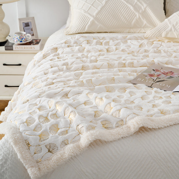 1pc Contemporary Floral Faux Rabbit Fur Blanket - Double-Layer Thickened All-Season Soft Bedspread with Ginkgo Leaf Pattern