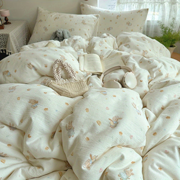 4pcs Jacquard Craft Bedding Set with Cute Rabbit + Dessert Pattern, Soft and Machine Washable