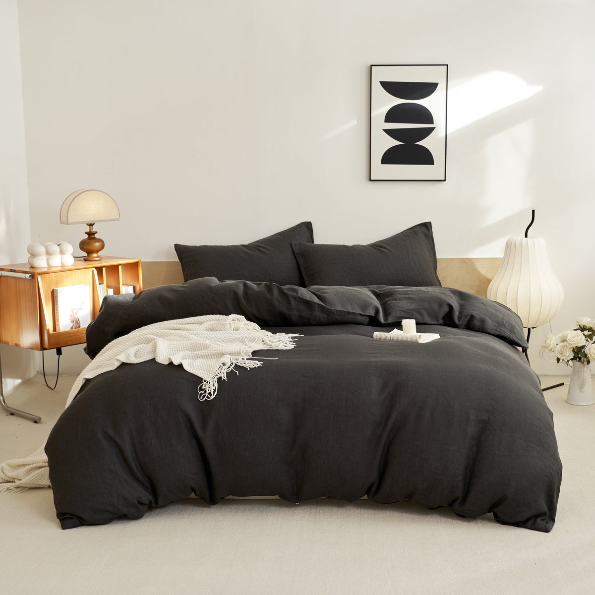 4pcs 100% French Linen Double Bedding Set, 4pcs Set Includes 1 Duvet Cover, 1 Fitted Sheet