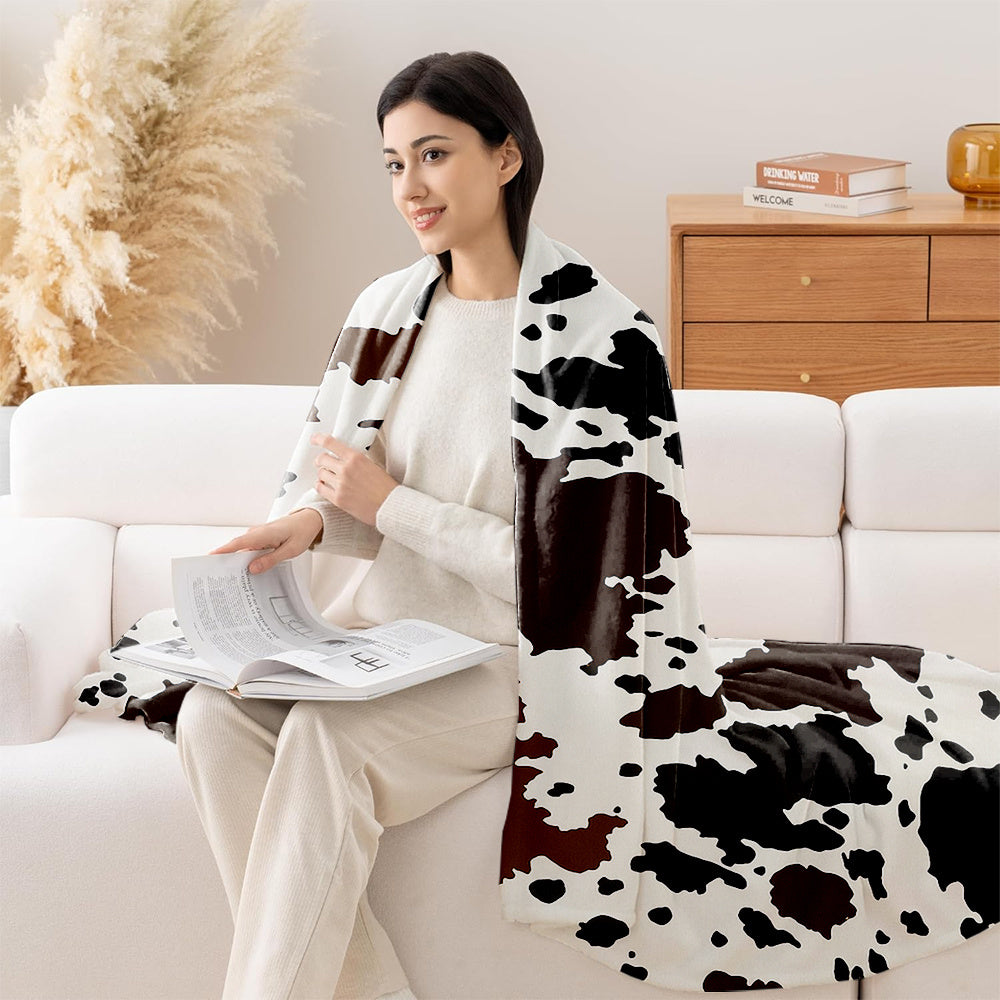 1pc Cowhide-like Cow Spot Print Plush Blanket - Heavy-Duty Brown