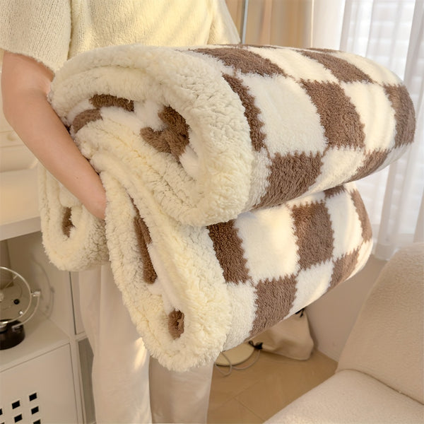1pc Charming Checkered Plush Fleece Blanket, 400-450g Polyester, All-Season, Knitted