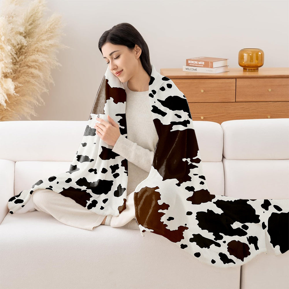 1pc Cowhide-like Cow Spot Print Plush Blanket - Heavy-Duty Brown