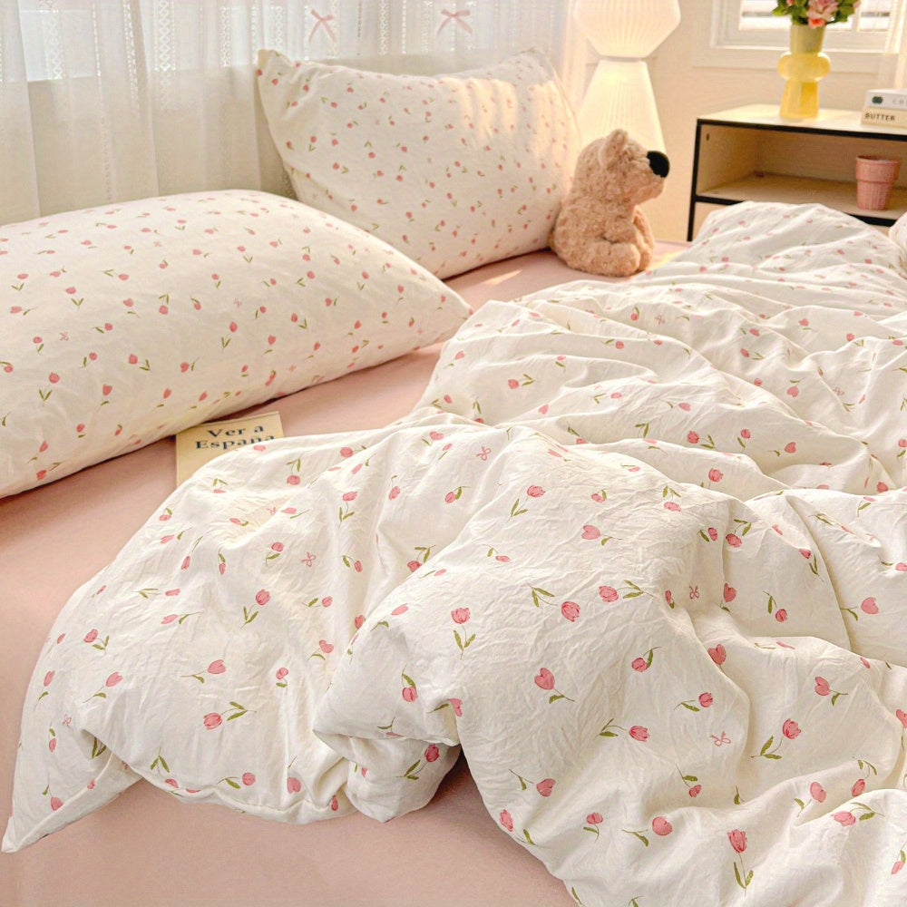 Summer Simple Small Floral Pink Tulip Pattern Sweet Style Bedding Set
