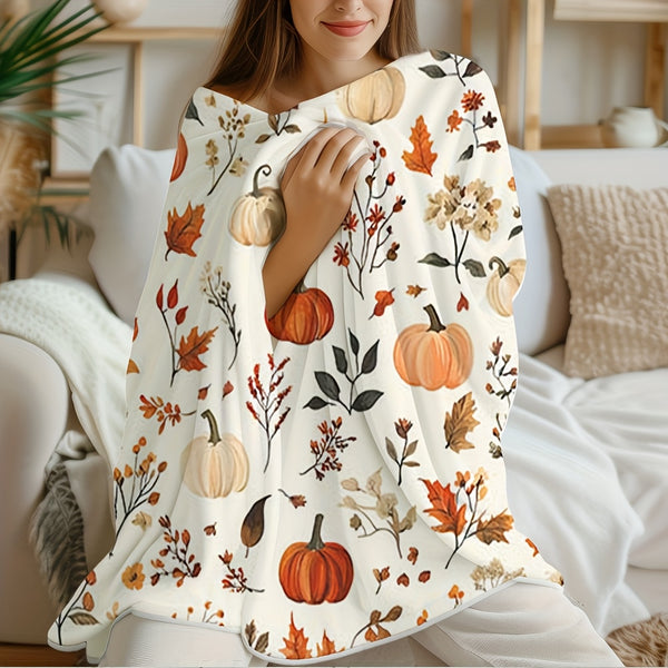 1pc All-Season Flannel Blanket - Soft Cozy Fall Throw with Pumpkin, Leaf & Floral Prints in Orange, Beige