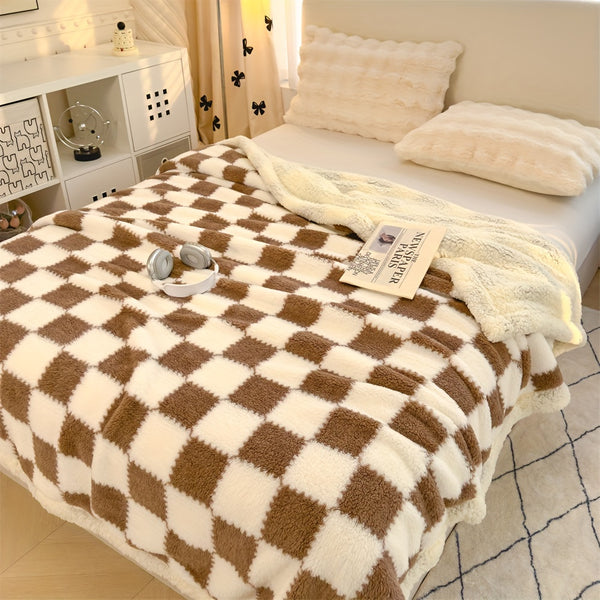 1pc Charming Checkered Plush Fleece Blanket, 400-450g Polyester, All-Season, Knitted