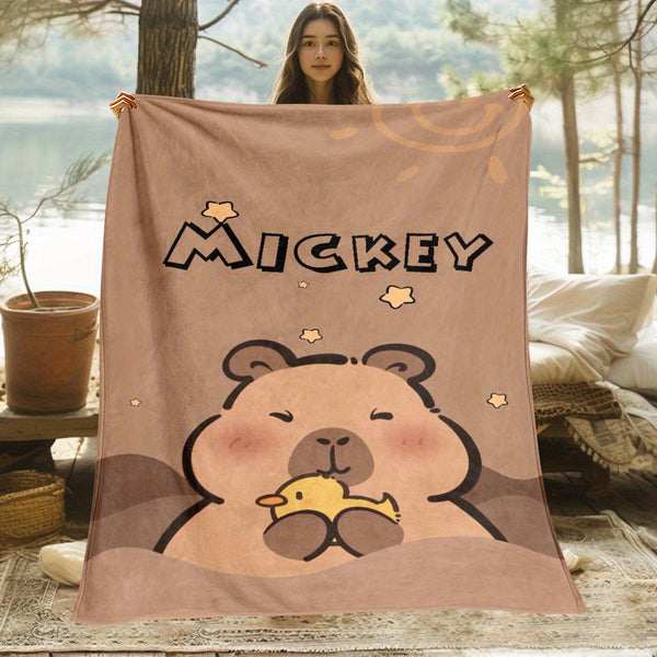 1pc Custom Name Capybara Flannel Throw Blanket - Soft Polyester Fiber, Machine Washable
